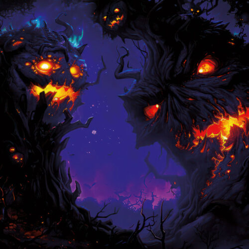 Halloween Backdrop Scary Trees HL-TR007 - Colorful UV Backdrop XL Dark Tapestry Psychedelic UV-Reactive Fluorescent Wall Art