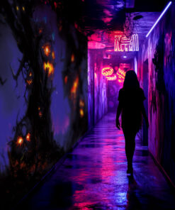 Halloween Backdrop Scary Trees HL-TR007 - Colorful UV Backdrop XL Dark Tapestry Psychedelic UV-Reactive Fluorescent Wall Art - Haunted House Interior Preview - UV Light