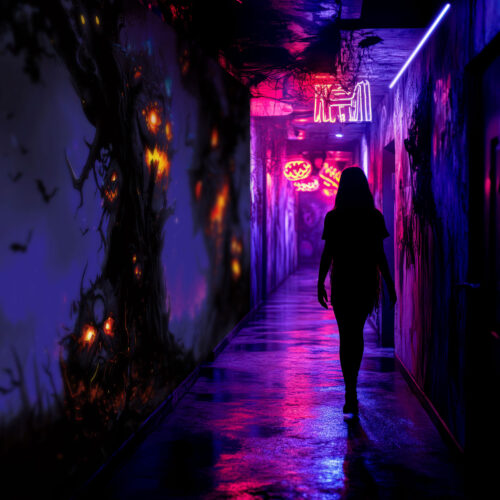 Halloween Backdrop Scary Trees HL-TR007 - Colorful UV Backdrop XL Dark Tapestry Psychedelic UV-Reactive Fluorescent Wall Art - Haunted House Interior Preview - UV Light