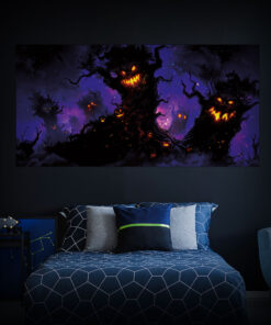 Halloween Backdrop Scary Trees HL-TR008 - Colorful UV Backdrop XL Dark Tapestry Psychedelic UV-Reactive Fluorescent Wall Art - Bedroom Interior Preview - Daylight