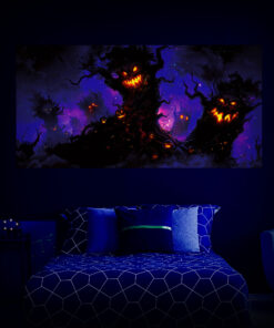 Halloween Backdrop Scary Trees HL-TR008 - Colorful UV Backdrop XL Dark Tapestry Psychedelic UV-Reactive Fluorescent Wall Art - Bedroom Interior Preview - UV Light