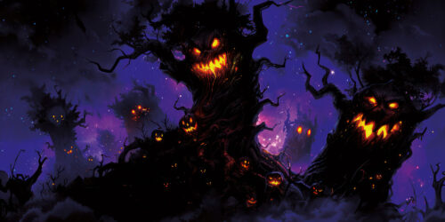 Halloween Backdrop Scary Trees HL-TR008 - Colorful UV Backdrop XL Dark Tapestry Psychedelic UV-Reactive Fluorescent Wall Art