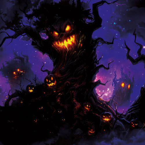 Halloween Backdrop Scary Trees HL-TR008 - Colorful UV Backdrop XL Dark Tapestry Psychedelic UV-Reactive Fluorescent Wall Art