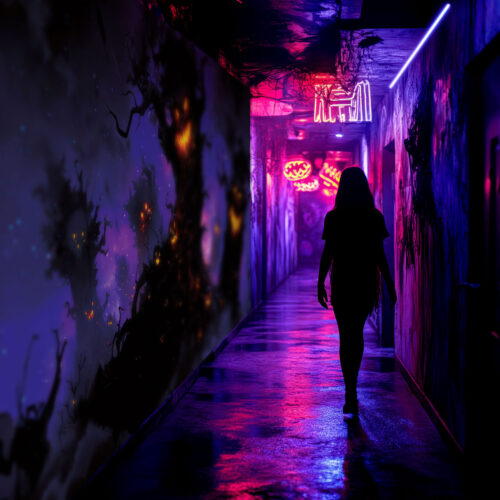 Halloween Backdrop Scary Trees HL-TR008 - Colorful UV Backdrop XL Dark Tapestry Psychedelic UV-Reactive Fluorescent Wall Art - Haunted House Interior Preview - UV Light