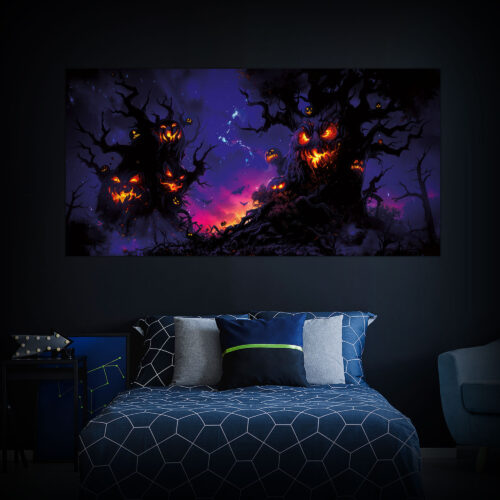 Halloween Backdrop Scary Trees HL-TR009 - Colorful UV Backdrop XL Dark Tapestry Psychedelic UV-Reactive Fluorescent Wall Art - Bedroom Interior Preview - Daylight
