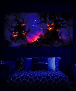 Halloween Backdrop Scary Trees HL-TR009 - Colorful UV Backdrop XL Dark Tapestry Psychedelic UV-Reactive Fluorescent Wall Art - Bedroom Interior Preview - UV Light