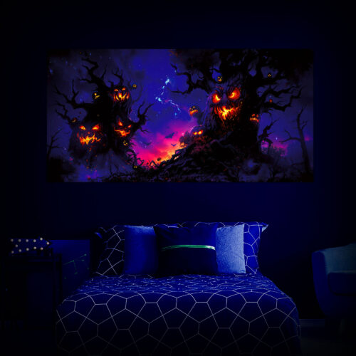 Halloween Backdrop Scary Trees HL-TR009 - Colorful UV Backdrop XL Dark Tapestry Psychedelic UV-Reactive Fluorescent Wall Art - Bedroom Interior Preview - UV Light