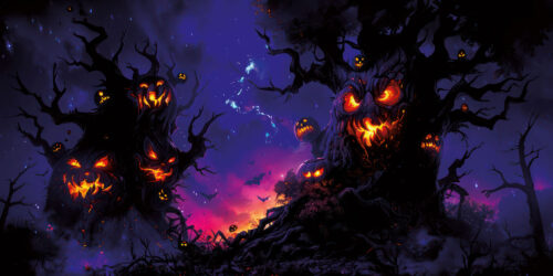 Halloween Backdrop Scary Trees HL-TR009 - Colorful UV Backdrop XL Dark Tapestry Psychedelic UV-Reactive Fluorescent Wall Art