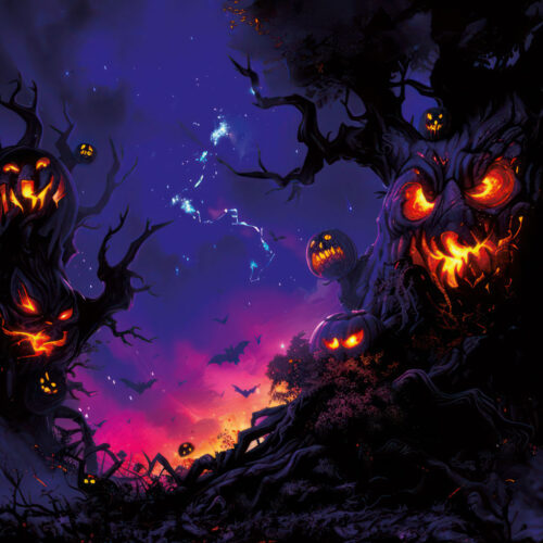 Halloween Backdrop Scary Trees HL-TR009 - Colorful UV Backdrop XL Dark Tapestry Psychedelic UV-Reactive Fluorescent Wall Art