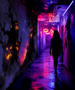 Halloween Backdrop Scary Trees HL-TR009 - Colorful UV Backdrop XL Dark Tapestry Psychedelic UV-Reactive Fluorescent Wall Art - Haunted House Interior Preview - UV Light