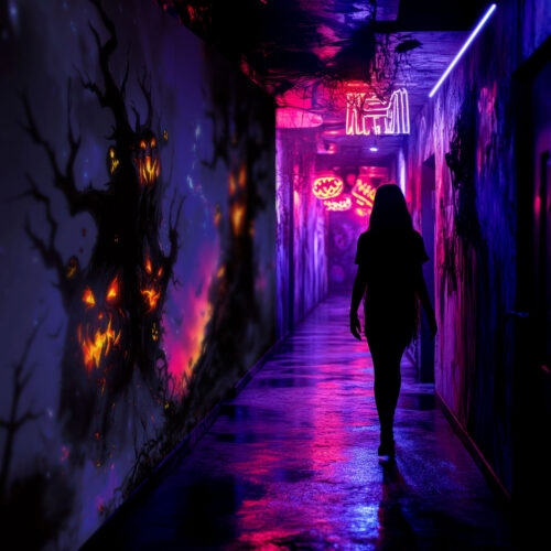 Halloween Backdrop Scary Trees HL-TR009 - Colorful UV Backdrop XL Dark Tapestry Psychedelic UV-Reactive Fluorescent Wall Art - Haunted House Interior Preview - UV Light