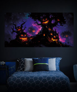 Halloween Backdrop Scary Trees HL-TR010 - Colorful UV Backdrop XL Dark Tapestry Psychedelic UV-Reactive Fluorescent Wall Art - Bedroom Interior Preview - Day Light