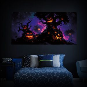 Halloween Backdrop Scary Trees HL-TR010 - Colorful UV Backdrop XL Dark Tapestry Psychedelic UV-Reactive Fluorescent Wall Art - Bedroom Interior Preview - Day Light