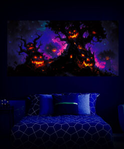 Halloween Backdrop Scary Trees HL-TR010 - Colorful UV Backdrop XL Dark Tapestry Psychedelic UV-Reactive Fluorescent Wall Art - Bedroom Interior Preview - UV Light