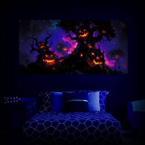 Halloween Backdrop Scary Trees HL-TR010 - Colorful UV Backdrop XL Dark Tapestry Psychedelic UV-Reactive Fluorescent Wall Art - Bedroom Interior Preview - UV Light