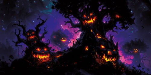 Halloween Backdrop Scary Trees HL-TR010 - Colorful UV Backdrop XL Dark Tapestry Psychedelic UV-Reactive Fluorescent Wall Art
