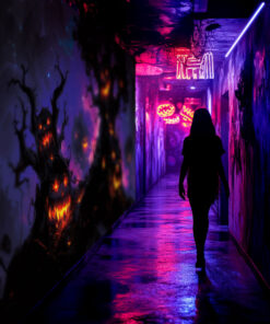 Halloween Backdrop Scary Trees HL-TR010 - Colorful UV Backdrop XL Dark Tapestry Psychedelic UV-Reactive Fluorescent Wall Art - Haunted House Interior Preview - UV Light