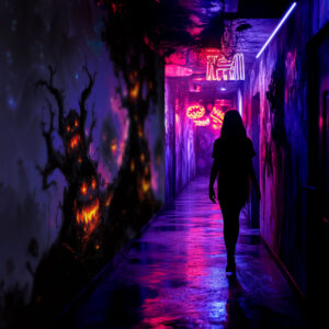 Halloween Backdrop Scary Trees HL-TR010 - Colorful UV Backdrop XL Dark Tapestry Psychedelic UV-Reactive Fluorescent Wall Art - Haunted House Interior Preview - UV Light