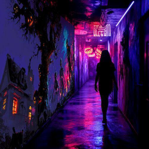 Halloween Backdrop Walking Zombies HL-WZM001 - Colorful UV Backdrop XL Dark Tapestry Psychedelic UV-Reactive Fluorescent Wall Art - Haunted House Interior Preview - UV Light