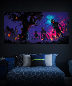 Halloween Backdrop Walking Zombies HL-WZM001 - Colorful UV Backdrop XL Dark Tapestry Psychedelic UV-Reactive Fluorescent Wall Art - Bedroom Interior Preview - Daylight