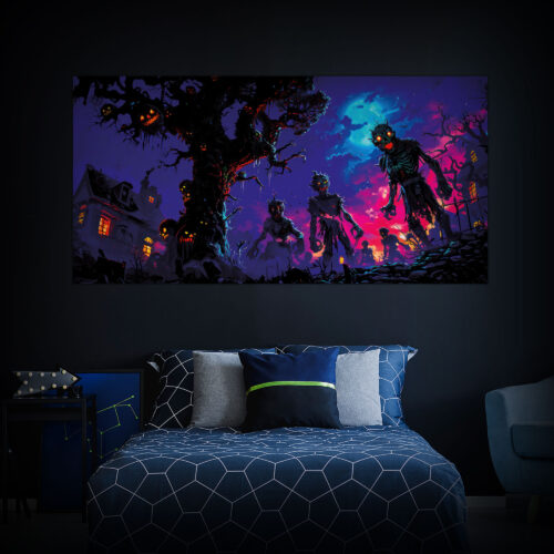 Halloween Backdrop Walking Zombies HL-WZM001 - Colorful UV Backdrop XL Dark Tapestry Psychedelic UV-Reactive Fluorescent Wall Art - Bedroom Interior Preview - Daylight