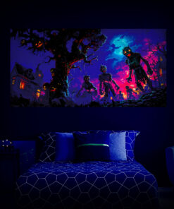 Halloween Backdrop Walking Zombies HL-WZM001 - Colorful UV Backdrop XL Dark Tapestry Psychedelic UV-Reactive Fluorescent Wall Art - Bedroom Interior Preview - UV