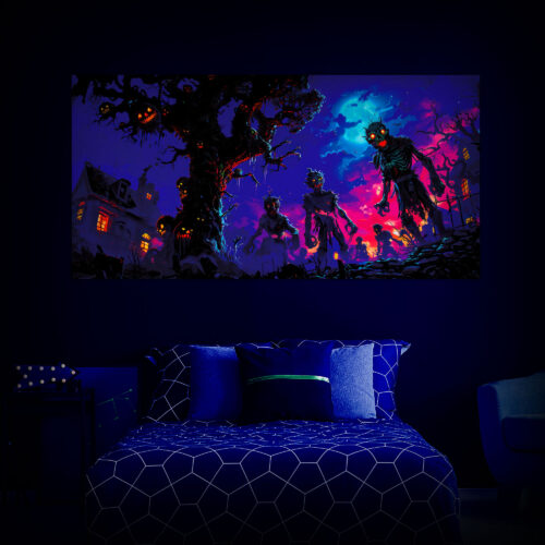 Halloween Backdrop Walking Zombies HL-WZM001 - Colorful UV Backdrop XL Dark Tapestry Psychedelic UV-Reactive Fluorescent Wall Art - Bedroom Interior Preview - UV