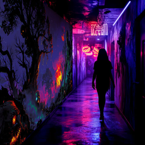 Halloween Backdrop Walking Zombies HL-WZM002 - Colorful UV Backdrop XL Dark Tapestry Psychedelic UV-Reactive Fluorescent Wall Art - Haunted House Interior Preview - UV Light