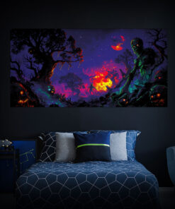 Halloween Backdrop Walking Zombies HL-WZM002 - Colorful UV Backdrop XL Dark Tapestry Psychedelic UV-Reactive Fluorescent Wall Art - Bedroom Interior Preview - Daylight