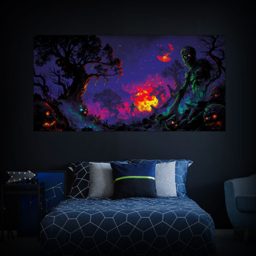 Halloween Backdrop Walking Zombies HL-WZM002 - Colorful UV Backdrop XL Dark Tapestry Psychedelic UV-Reactive Fluorescent Wall Art - Bedroom Interior Preview - Daylight
