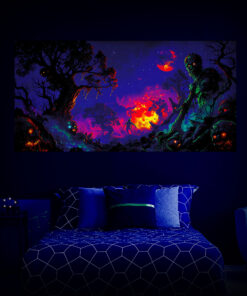 Halloween Backdrop Walking Zombies HL-WZM002 - Colorful UV Backdrop XL Dark Tapestry Psychedelic UV-Reactive Fluorescent Wall Art - Bedroom Interior Preview - UV
