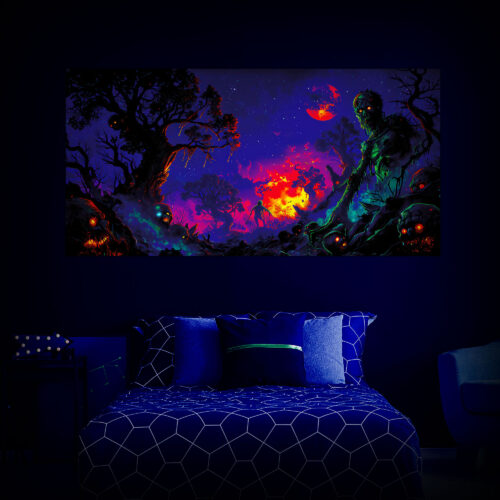 Halloween Backdrop Walking Zombies HL-WZM002 - Colorful UV Backdrop XL Dark Tapestry Psychedelic UV-Reactive Fluorescent Wall Art - Bedroom Interior Preview - UV