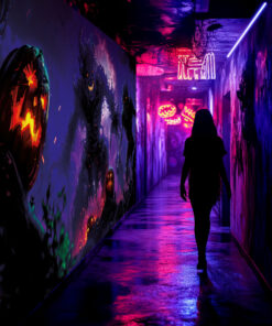 Halloween Backdrop Walking Zombies HL-WZM003 - Colorful UV Backdrop XL Dark Tapestry Psychedelic UV-Reactive Fluorescent Wall Art - Haunted House Interior Preview - UV Light