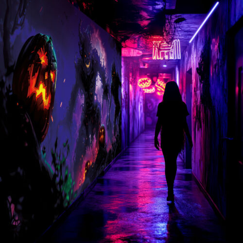 Halloween Backdrop Walking Zombies HL-WZM003 - Colorful UV Backdrop XL Dark Tapestry Psychedelic UV-Reactive Fluorescent Wall Art - Haunted House Interior Preview - UV Light