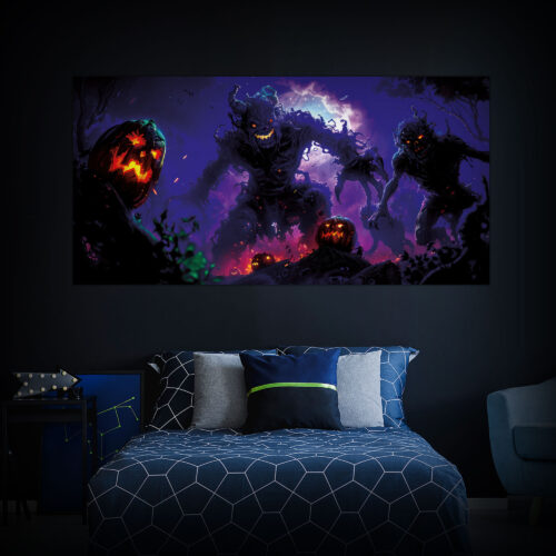 Halloween Backdrop Walking Zombies HL-WZM003 - Colorful UV Backdrop XL Dark Tapestry Psychedelic UV-Reactive Fluorescent Wall Art - Bedroom Interior Preview - Daylight