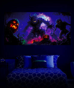 Halloween Backdrop Walking Zombies HL-WZM003 - Colorful UV Backdrop XL Dark Tapestry Psychedelic UV-Reactive Fluorescent Wall Art - Bedroom Interior Preview - UV