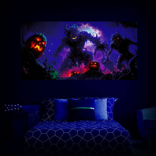 Halloween Backdrop Walking Zombies HL-WZM003 - Colorful UV Backdrop XL Dark Tapestry Psychedelic UV-Reactive Fluorescent Wall Art - Bedroom Interior Preview - UV