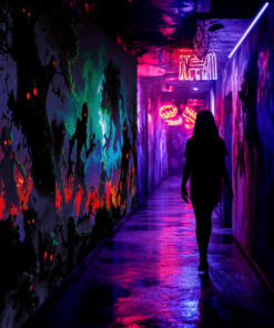 Halloween Backdrop Walking Zombies HL-WZM004 - Colorful UV Backdrop XL Dark Tapestry Psychedelic UV-Reactive Fluorescent Wall Art - Haunted House Interior Preview - UV Light