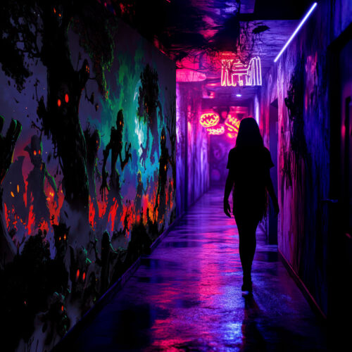 Halloween Backdrop Walking Zombies HL-WZM004 - Colorful UV Backdrop XL Dark Tapestry Psychedelic UV-Reactive Fluorescent Wall Art - Haunted House Interior Preview - UV Light