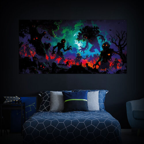 Halloween Backdrop Walking Zombies HL-WZM004 - Colorful UV Backdrop XL Dark Tapestry Psychedelic UV-Reactive Fluorescent Wall Art - Bedroom Interior Preview - Daylight