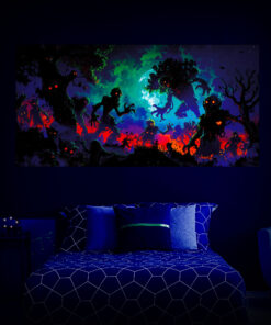 Halloween Backdrop Walking Zombies HL-WZM004 - Colorful UV Backdrop XL Dark Tapestry Psychedelic UV-Reactive Fluorescent Wall Art - Bedroom Interior Preview - UV