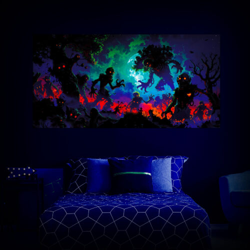 Halloween Backdrop Walking Zombies HL-WZM004 - Colorful UV Backdrop XL Dark Tapestry Psychedelic UV-Reactive Fluorescent Wall Art - Bedroom Interior Preview - UV