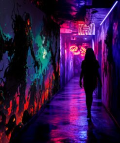 Halloween Backdrop Walking Zombies HL-WZM005 - Colorful UV Backdrop XL Dark Tapestry Psychedelic UV-Reactive Fluorescent Wall Art - Haunted House Interior Preview - UV Light