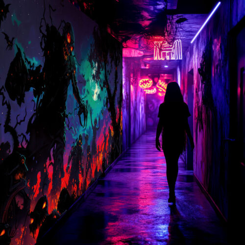 Halloween Backdrop Walking Zombies HL-WZM005 - Colorful UV Backdrop XL Dark Tapestry Psychedelic UV-Reactive Fluorescent Wall Art - Haunted House Interior Preview - UV Light