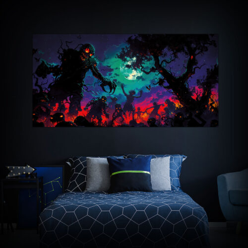 Halloween Backdrop Walking Zombies HL-WZM005 - Colorful UV Backdrop XL Dark Tapestry Psychedelic UV-Reactive Fluorescent Wall Art - Bedroom Interior Preview - Daylight