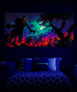 Halloween Backdrop Walking Zombies HL-WZM005 - Colorful UV Backdrop XL Dark Tapestry Psychedelic UV-Reactive Fluorescent Wall Art - Bedroom Interior Preview - UV