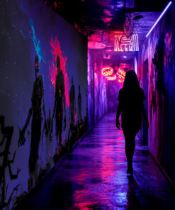 Halloween Backdrop Walking Zombies HL-WZM006 - Colorful UV Backdrop XL Dark Tapestry Psychedelic UV-Reactive Fluorescent Wall Art - Haunted House Interior Preview - UV Light