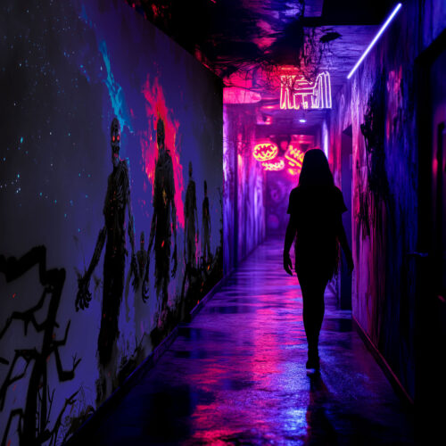 Halloween Backdrop Walking Zombies HL-WZM006 - Colorful UV Backdrop XL Dark Tapestry Psychedelic UV-Reactive Fluorescent Wall Art - Haunted House Interior Preview - UV Light