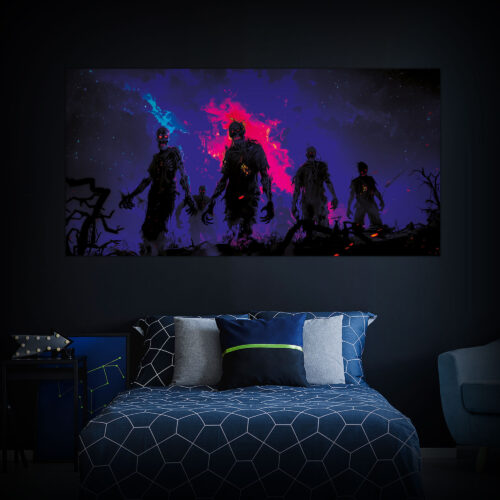 Halloween Backdrop Walking Zombies HL-WZM006 - Colorful UV Backdrop XL Dark Tapestry Psychedelic UV-Reactive Fluorescent Wall Art - Bedroom Interior Preview - Daylight