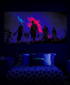 Halloween Backdrop Walking Zombies HL-WZM006 - Colorful UV Backdrop XL Dark Tapestry Psychedelic UV-Reactive Fluorescent Wall Art - Bedroom Interior Preview - UV